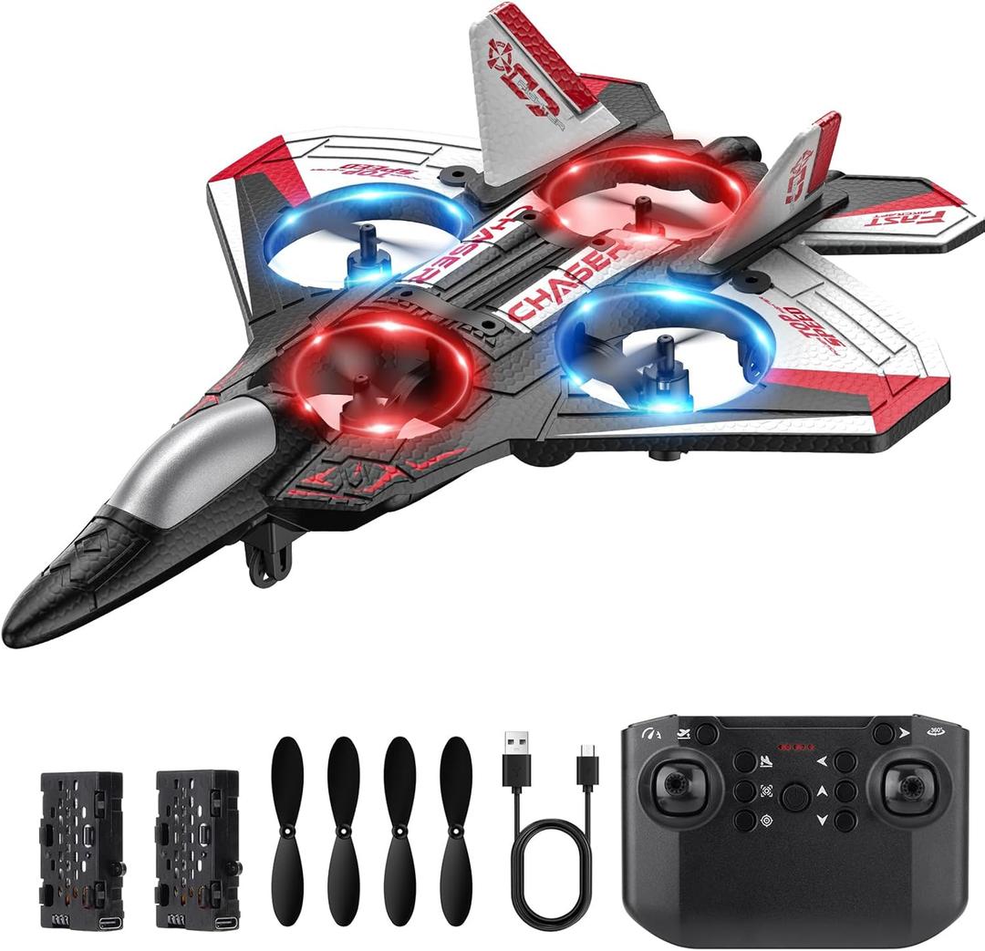 RC Plane, Foam Remote Control Airplane, Drone for Kids, RC Aircraft for Boys and Girls, Fighter Jet Helicopter with LED Lights, Altitude Hold, 360 Flip Stunt Rotation, Speed Adjust Flying Toy (Red)