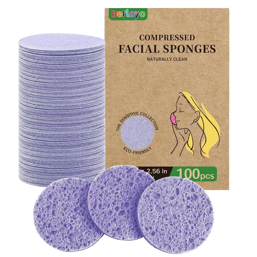 100-Count Compressed Facial Sponges for Washing face, Natural Cellulose Cosmetic Makeup Sponge for Facial Cleansing, Slight Exfoliating, Makeup Removal-(Purple Round Sponge)