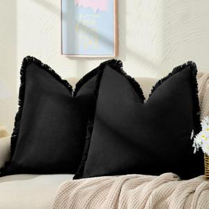 ZWJD Pillow Covers 20x20 Set of 2 Black Throw Pillow Covers with Fringe Chic Cotton Decorative Pillows Square Cushion Covers for Sofa Couch Bed Living Room Farmhouse Boho Decor