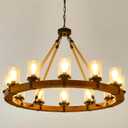 Rustic 12 Light Wagon Wheel Chandelier, Round Wood Pendant Light with Seeded Glass Shade, Rustic Light Fixtures for Dining Room Kitchen Island Foyer Entryway