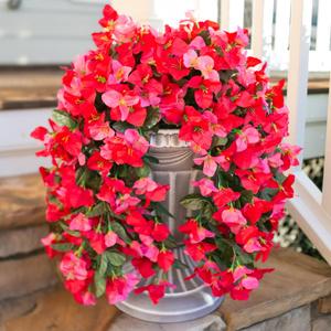 Bougainvillea Artificial Hanging Flowers Plants for Outdoors Decoration, 2pcs Fake Flowers Silk Bougainvillea Vines Realistic UV Resistant Faux Flowers for Outdoor Planters Porch Patio, Mix (Hot Pink + Red)