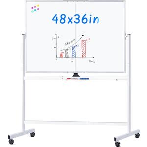 Maxtek Rolling Whiteboard, 48x36 Large Magnetic White Board with Stands, Big Double-Sided White Board Dry Erase on Wheels for Homeschool, Home Office, Office, School (Silver, 48 x 36)