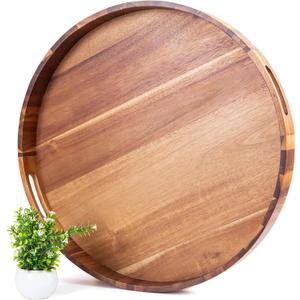 Extra Large Round Ottoman Coffee Table Tray, 22" Big Kitchen Serving Trays for Huge Ottoman Counter Giant Decorative Organizer, Huge Wood Serveware Tray with Built-in Handle for Big Job