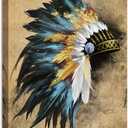 LevvArts Indian Canvas Wall Art Native American Chiefs Headdress Feathered Painting Canvas Print Vintage Home Living Room Gold and Blue Wall Decor Gallery Wrap Ready to Hang 24x36inches
