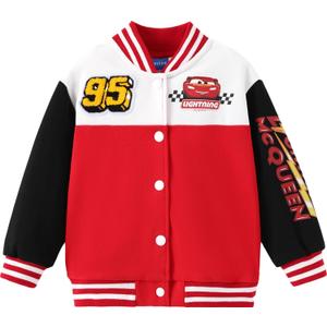 Disney Bomber Varsity Jackets for Boys Cars Baseball Jacket Coat Little Boy Outfit Kid Outwear Casual Sport Cardigan Sweatshirt Fall Varsity Coats Snap Button Front Holiday Playwear Red Size 4-5 Years