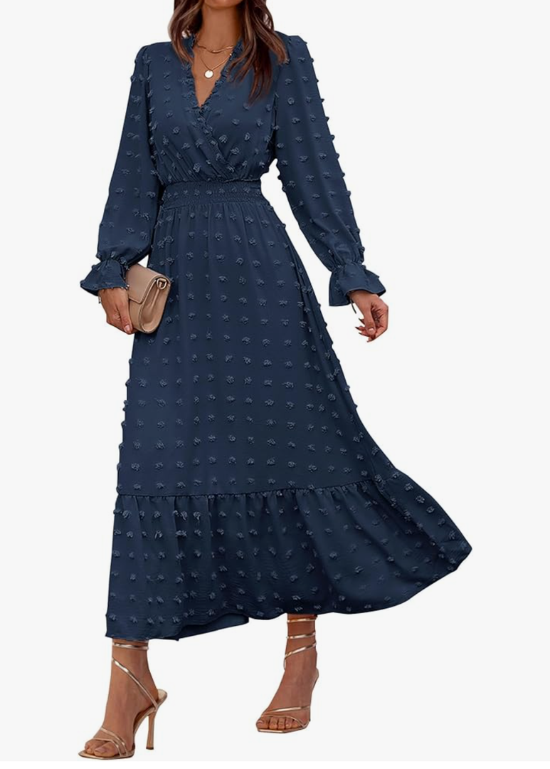 Women Spring Dresses 2025 Long Sleeve V Neck Swiss Dots Maxi Dress Boho Long Dress High Waisted A-Line Ruffle Dress,L