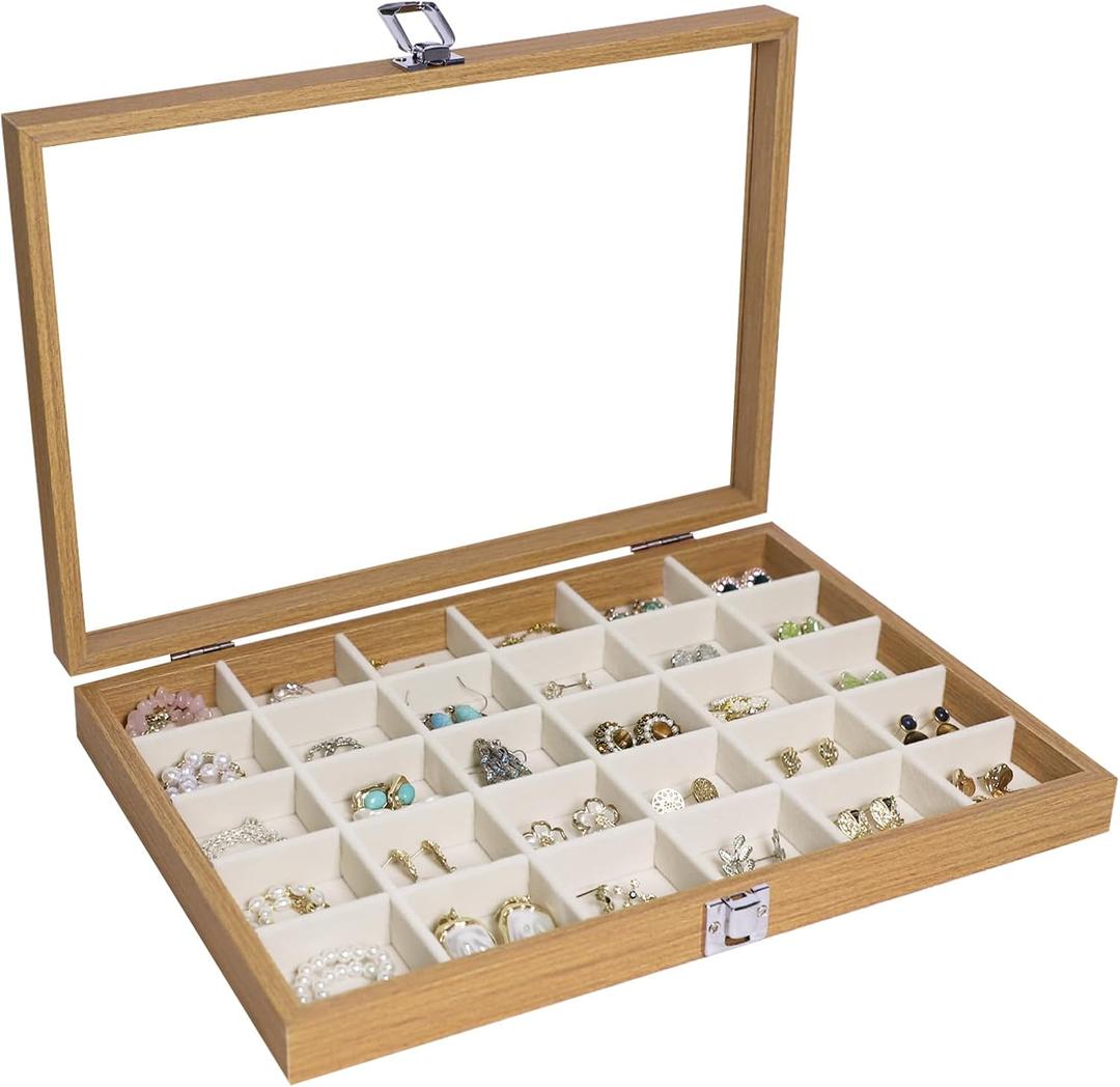 Stratalife Jewelry Organizer Wooden Bracelet Jewelry Box 30 Grid Jewelry Tray with Lid Earring Holder Organizer Necklace Bracelet Bangle Ring Organizer for Women Vintage Jewelry Box