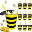 Skylety 10 Pcs Bee Party Decoration Plastic Cups with Lids and Straws Reusable 16 oz Honey Bee Party Cups Drinking Tumbler Black and Yellow Party Favors for Birthday Baby Shower Table Decoration