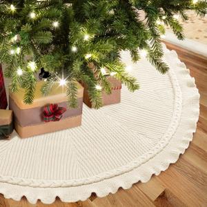 EIMMBD Christmas Tree Skirt, 48 inches Cable Knit Knitted Thick Rustic Christmas Trees Decoration for Xmas Indoor Home Holiday (A-Beige)