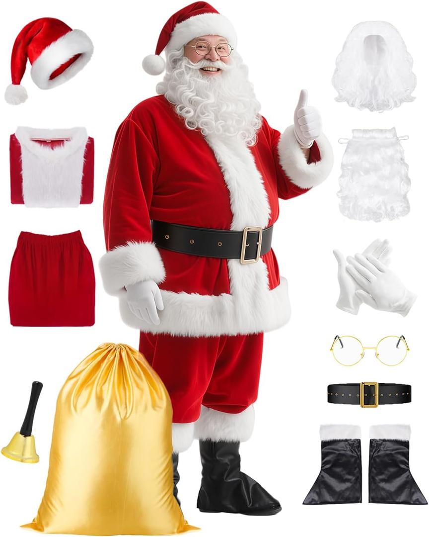 ZIW 11pcs Santa Claus Costume Suit for Men Women Adults Deluxe Christmas Outfit Xmas Velvet Coat with Bell Red
