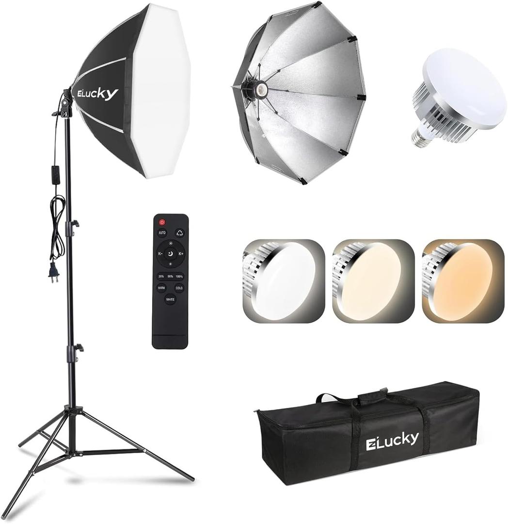 EZLucky 20" Octagonal Softbox Lighting Kit, 85W Dimmable LED Bulb, 3000K-6500K Studio Light with Remote Control, 63" Tripod Stand for Photography, Portrait, Live Streaming, Video Recording (1 Pcs)