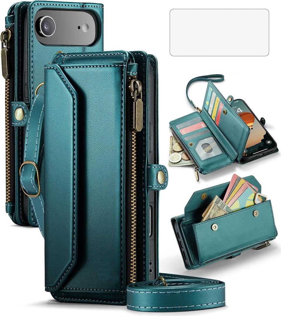 Asuwish Phone Case for iPhone 17 Air 6.5 inch Zipper Wallet Cover with Tempered Glass Screen Protector and Leather Flip RFID Blocking Credit Cash Card Holder Cell i Phone17 i17 17Air Women Girls Green
