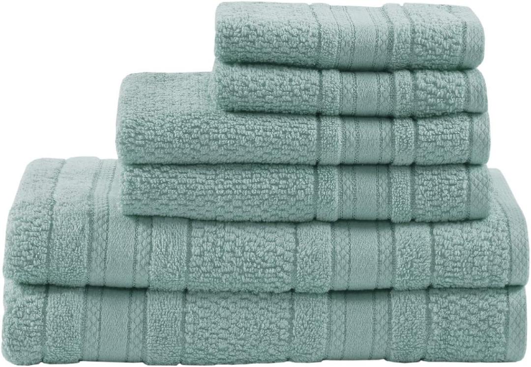 Madison Park Adrien 100% Cotton Soft Bathroom Towel Set, Highly Absorbent, Zero Twist, Quick Dry, Include 2 for Shower, 2 Hand & 2 Facial Wash Cloth, Multi Sizes, Seafoam 6 Piece