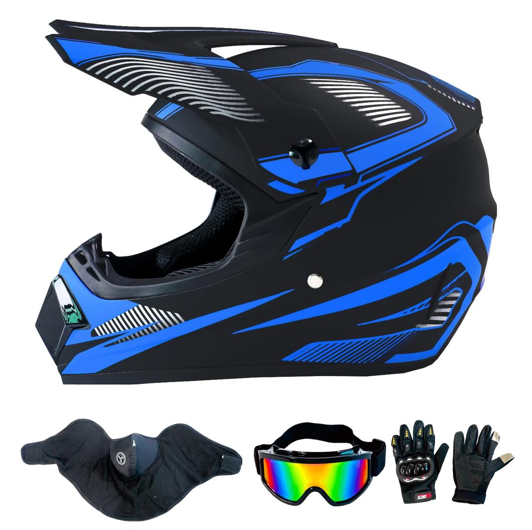 LASFRE Dirt Bike Helmet Motocross ATV Motorcycle Full Face Off-Road E Bike Helmet DOT with Goggles Gloves Mask Royal Blue Stripe L (58-59 cm) (Blue, M)