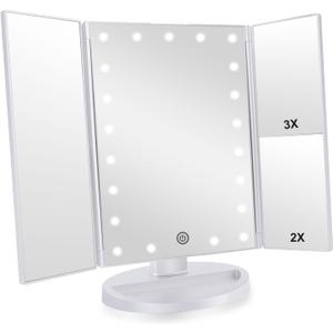 Trifold Makeup Mirror Vanity Mirror with Lights,1X 2X 3X Magnification,Touch Control,Adjustable Rotation,Dual Power Supply,Portable Travel Cosmetic Mirror,Birthday Gifts for Women,Teengirls (White)