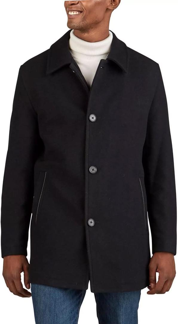 Cole Haan Mens Button Up Wool Plush Car Coat (Medium, Black)