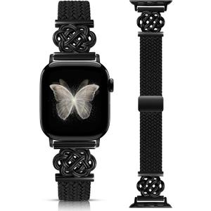 Minyee Slim Braided Magnetic Band Compatible with Apple Watch Bands Women 40/41/42/44/45/46/49/38, Dressy Celtic Knot Soft Thin Elastic Nylon Strap for iWatch Series 11 10 9 8 7 6 5 4 SE/Ultra 3 2 1