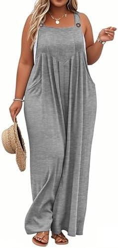 TAKEYAL Women's Plus Size Jumpsuit Overalls Wide Leg Casual Summer Rompers Adjustable Loose Fit Jumpsuits With Pockets 2026, Gray 2XL