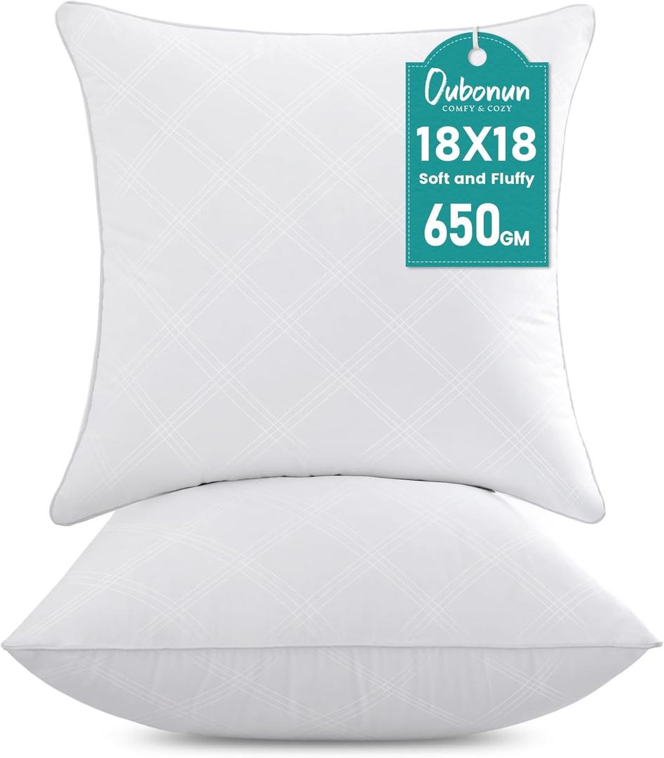 Oubonun 18x18 Inches Pack of 2 Throw Pillows Inserts, White Square Cushion Inner Soft Fluffy Plump Stuffer Pillows Inserts for Sofa Bed Couch