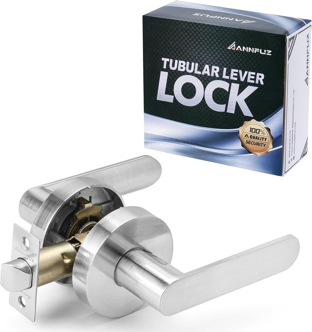 Interior Passage Lever Door Handle,Non-Locking Lever Set [for Hallway or Closet Doors],Round Door Lever Without Keys,Reversible for Bedroom, Bathroom and Rooms(Brushed Nickel)