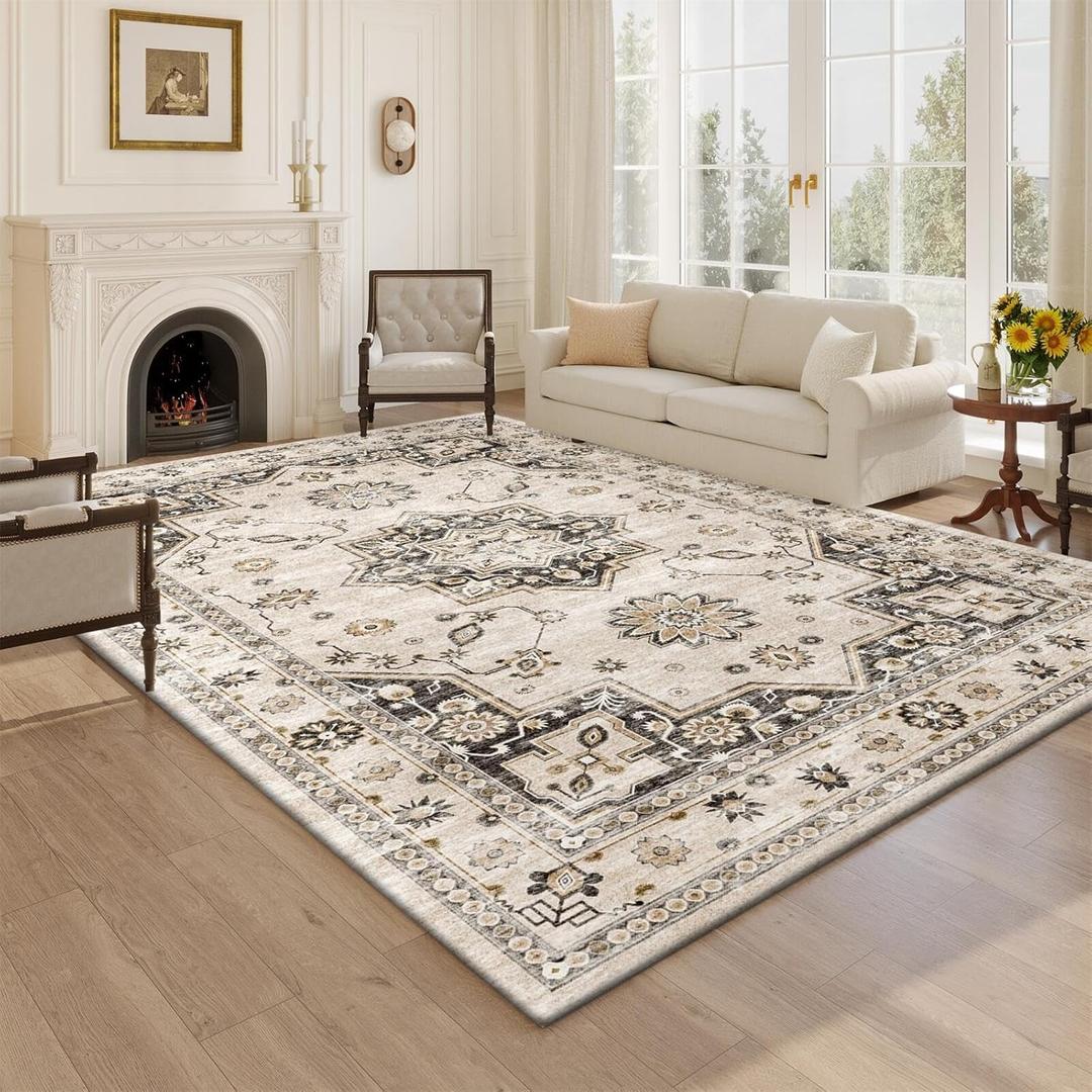 Area Rug 4x6 Living Room,Machine Washable Rugs,Stain Resistant Soft Thin Non-Slip Floral Carpet,Beige Neutral Boho Home Decor,for Indoor Bedroom,Office,Farmhouse,Dining,Dorm (Light Brown)