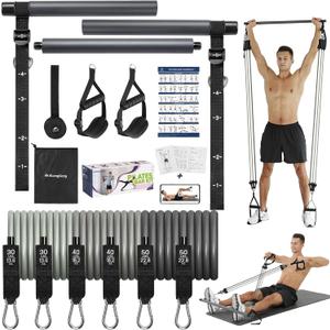 Upgraded Pilates Bar Kit with Resistance Bands Natural Latex for Women & Men, Heavy-Duty Stainless Steel Multifunctional Yoga Pilates Stick for Home Gym Exercise Fitness Equipment Full-Body Workouts (Grey Blue(30/40/50lbs))