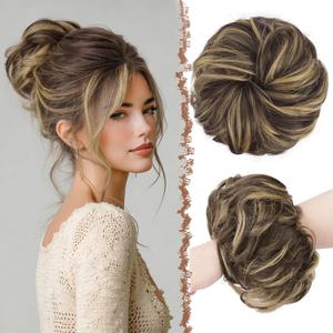 FESHFEN Large Messy Bun Hair Piece - Wavy Synthetic Chignon Scrunchies Elastic Ponytail Hair Extensions Thick Hairpieces for Women, Dark Brown & Champagne Blonde 1.94oz