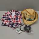 Hicarer 5 Pcs Cowgirl Outfit Costume Women Roleplay Set Tshirt Cowboy Hat Buckle Belt Pendant Earrings for Halloween (Small, Novelty)