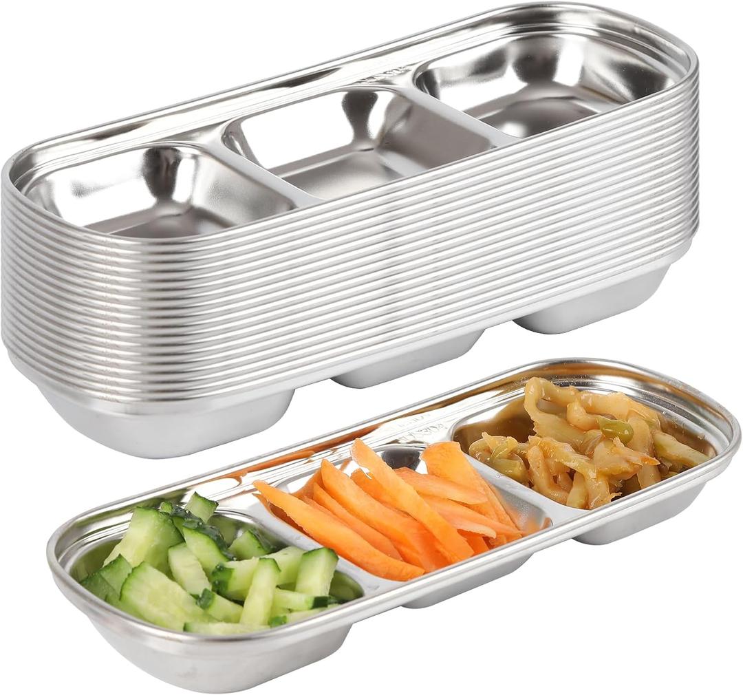 18 Pcs Soy Sauce Dishes, Stainless Steel Divided Dip Bowls, Korean 3-Compartment Sauce Plates for Home Restaurant BBQ, Vinegar, Spices, Ketchup, Salt, Sugar, and Flavors
