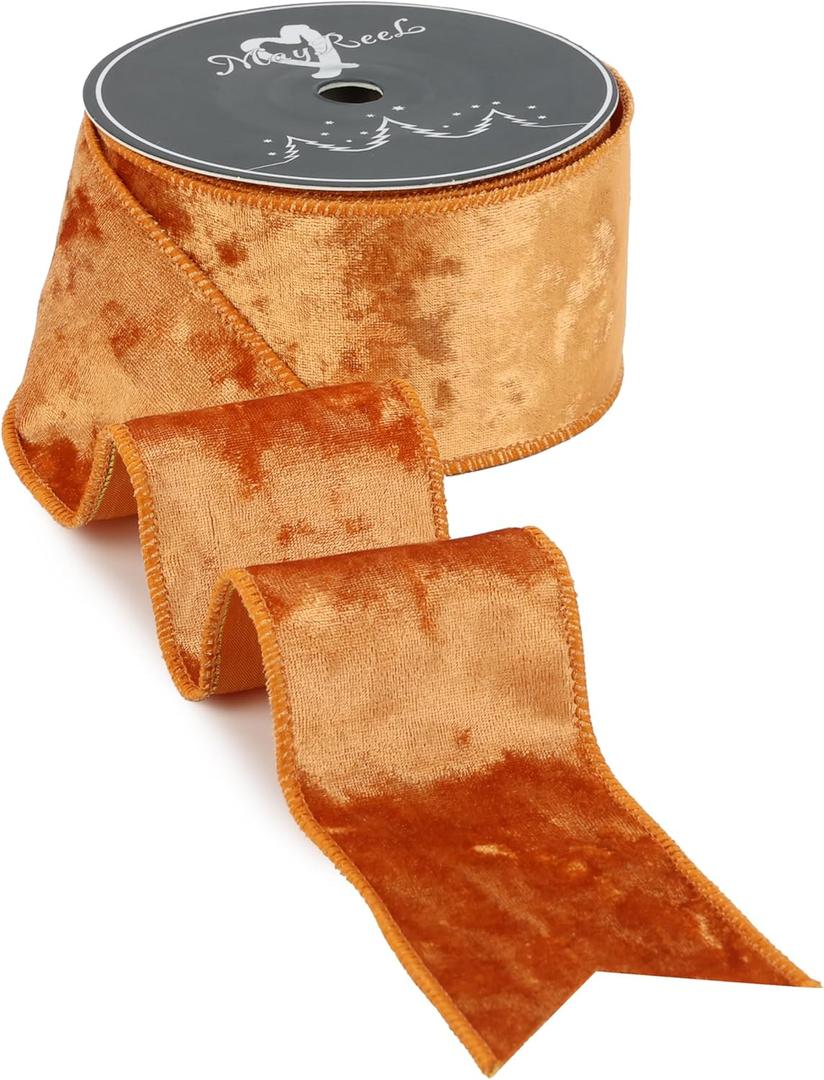 MAYREEL 2.5 Inch Cinnamon Crushed Velvet Ribbon Wired Terracotta Wired Ribbon for Christmas Tree Decorations, Thanksgiving, Fall Autumn Halloween Decor, Gift Wrapping, Wreaths, Topper Bows 10 Yards