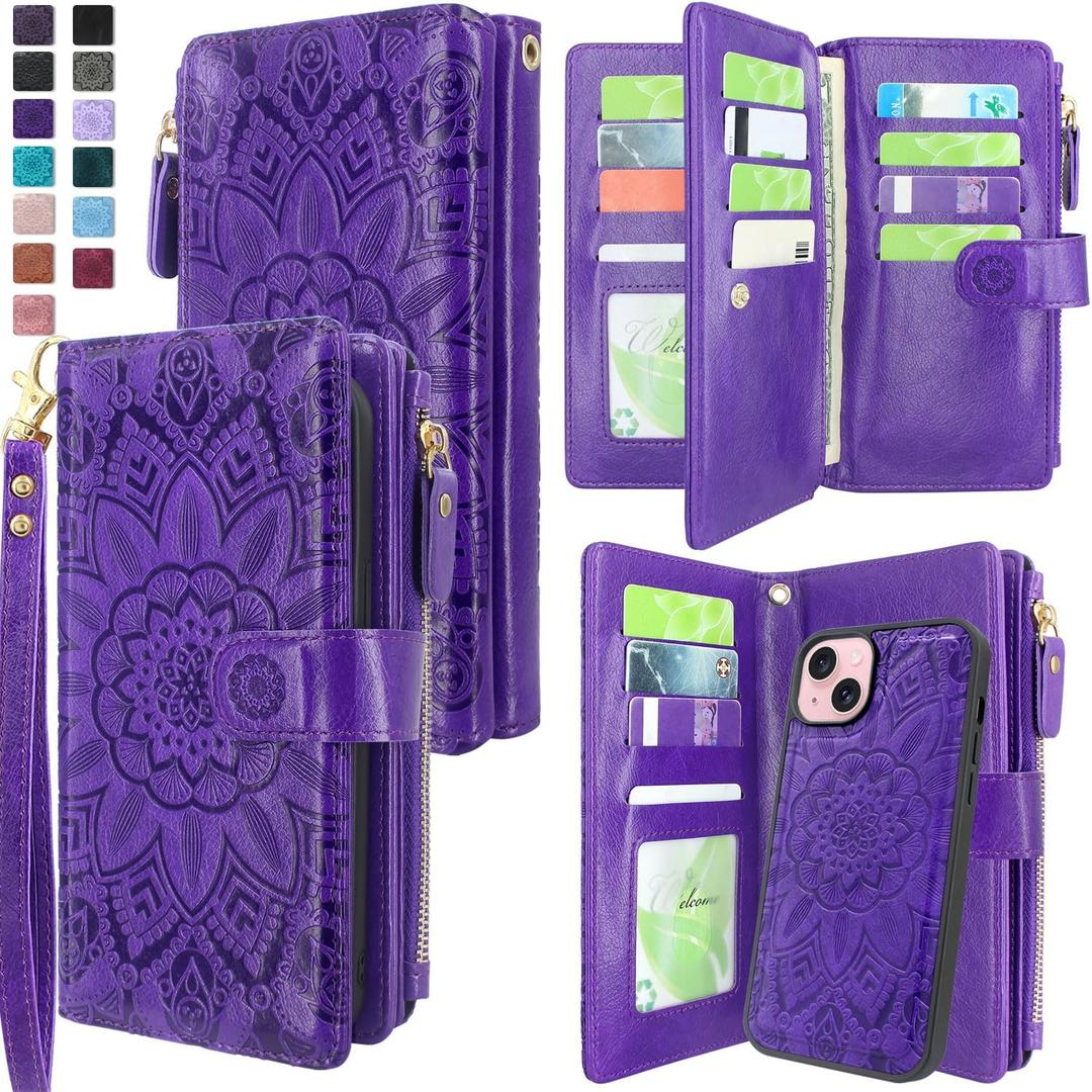 Harryshell Compatible with iPhone 15 / 14 / 13 6.1 inch 5G Wallet Case with Zipper Cash Pocket, Multi Card Slots, Wrist Strap Lanyard (Floral Purple)