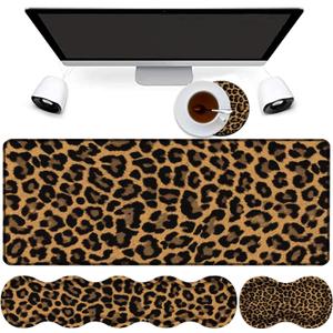 4 in 1 Mouse Pad Combo, Large Gaming Mouse Pad + Keyboard Wrist Support + Mouse Wrist Rest + Coaster, Table Pad with Stitched Edge Memory Foam Ergonomic Wrist Pad Set, Leopard Print