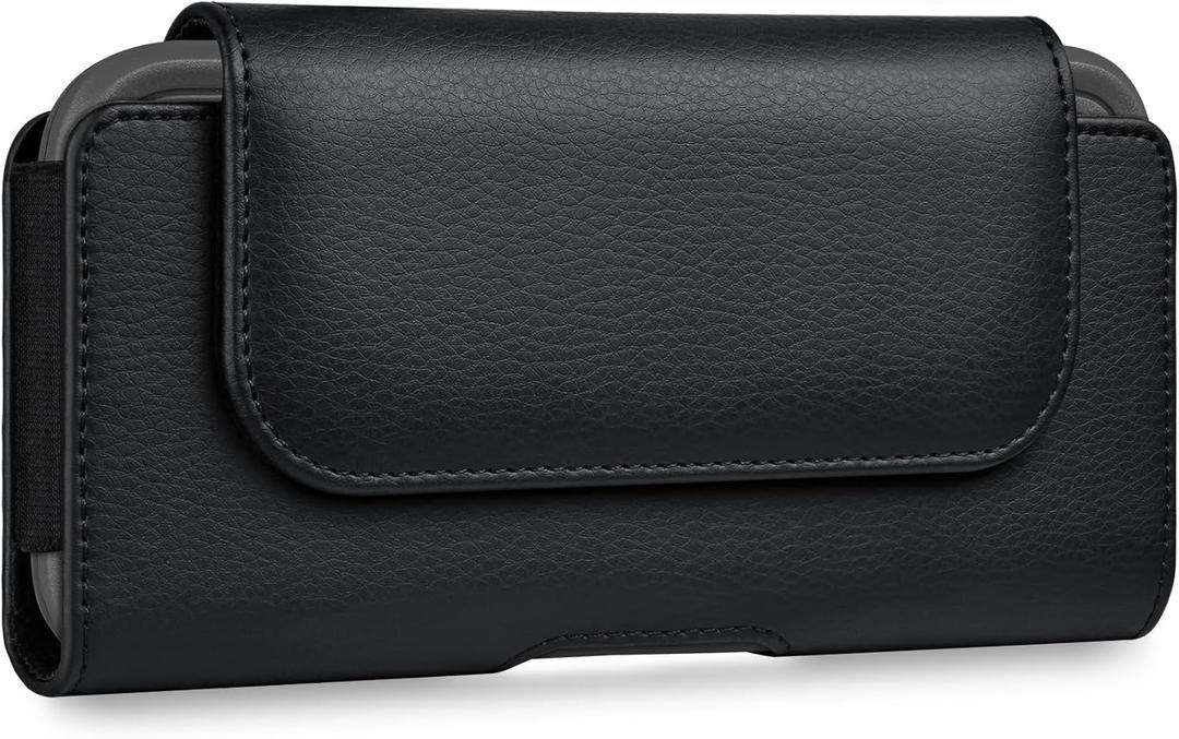 Leather Cell Phone Holster Case with Belt Holder Clip for iPhone Pro Max, Plus 17 16 15 14 13 12 16e, Samsung Galaxy FE, Plus S25 S24 S23 S22, L-Black
