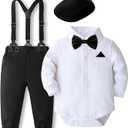 SALNIER Baby Boy 5PCS Formal Outfit Soft Cotton Romper Suspender Pants Bowtie Beret Hat Infant Wedding Birthday Party Suit (Black-whi,6-12 Months)
