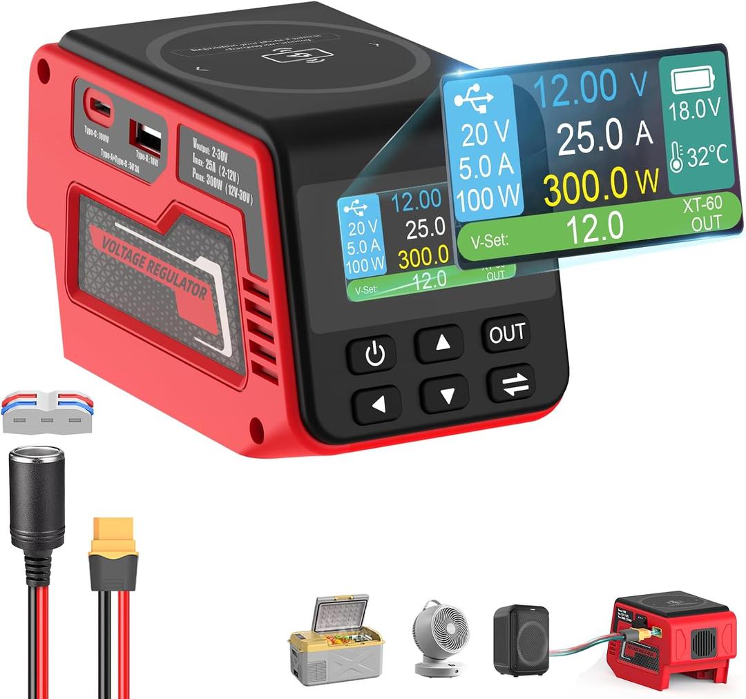 300W Voltage Regulator Compatible with Milwaukee 18V Battery (Battery Not Included), 230V Adjustable DC Output, 100W Type-C PD Fast Charging, 15W Wireless Charger