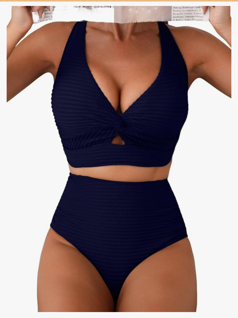 Herseas Women's Textured Bikini Sets Twist Front Top Swimsuits High Waisted Bathing Suits, Navy Blue, M