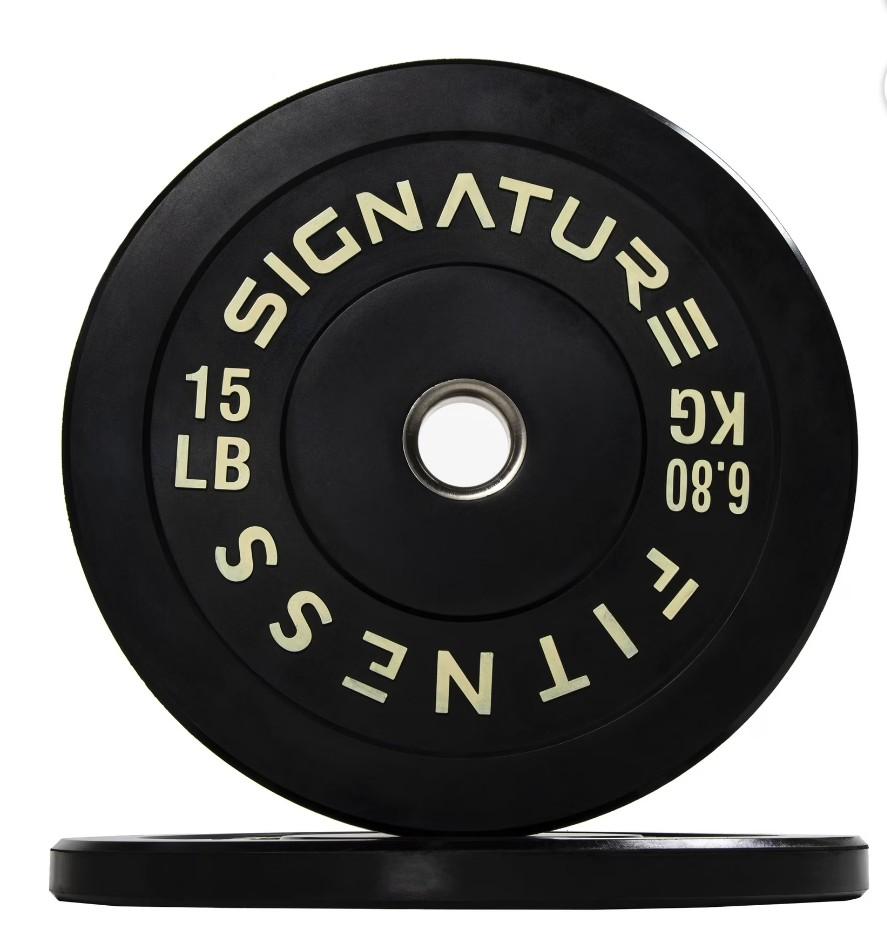 Signature Fitness 2" Olympic Bumper Plate Weight Plates with Steel Hub in Pairs or Sets - 100% Virgin Rubber 15 Lb Pair