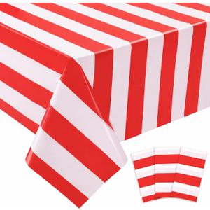 6 x 3 Pack Red and White Striped Plastic Tablecloth 54 x 108 Inch | Disposable Waterproof Red Striped Table Cloths for Carnival Circus Holiday Party Picnic Birthday Festival Decor