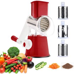 3rd Generation Rotary Cheese Grater, Mandoline Vegetable Slicer with 3 Replacement Blades, Easy to Clean Rotary Shredder for Fruit, Vegetables, Red