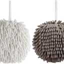 Chenille Hand Towels, 2 Pack Hanging Soft Absorbent Microfiber Hand Towels, Super Fluffy Chenille Ball Towels with Hanging Loops for Bathroom Kitchen (White&Grey)