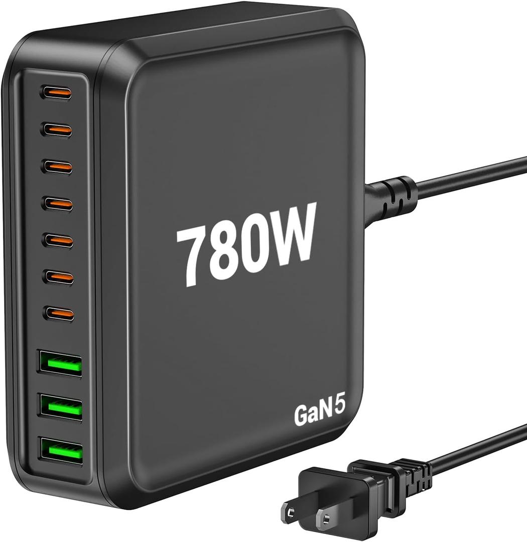 780W USB C Charger Block Fast 10-Port USB C Charging Station GaN PD 120W Laptop Charger Adapter for MacBook Pro/Air, DELL, iPad, iPhone, Samsung Galaxy Black