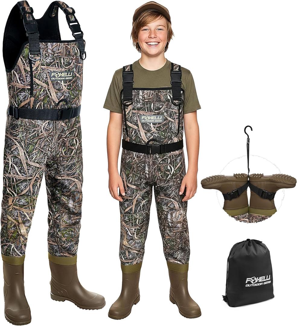 Foxelli Kids Chest Waders with Boots  Waterproof 4mm Neoprene Kids Waders for Fishing & Duck Hunting for Boys Girls Youth (6-7, Camo)