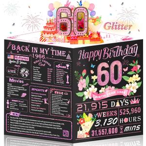 60th Birthday Card for Women,Jumbo Pop Up 60th Birthday Cards for Her Friend,Back In 1966 Happy 60 Year Old Birthday Decorations for Wife Daughter Mom Funny Birthday Gifts,Rose Gold