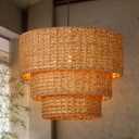Arturesthome Rattan Pendant Light Fixture Rattan Chandelier 3-Light Natural Handwoven Ceiling Hanging Light,Bohemian Pendant Lighting for Foyer Hallway Bar Dia 19.6* 15.7, 50CM*40CM
