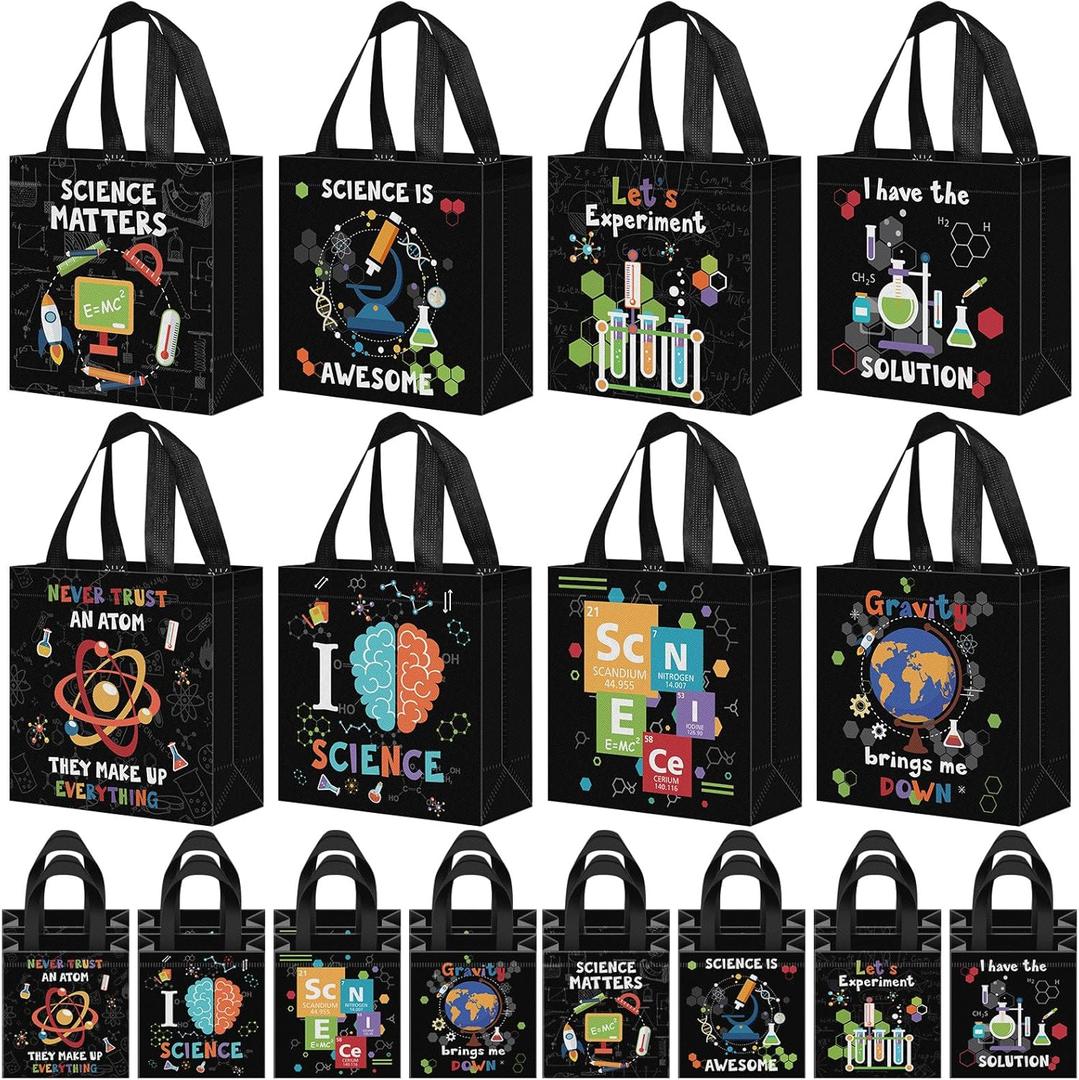 Sanwuta 24 Pcs Science Party Favor Bags Goodie Gift Treat Bag with Handles for Kids Students Party Supplies (Black)