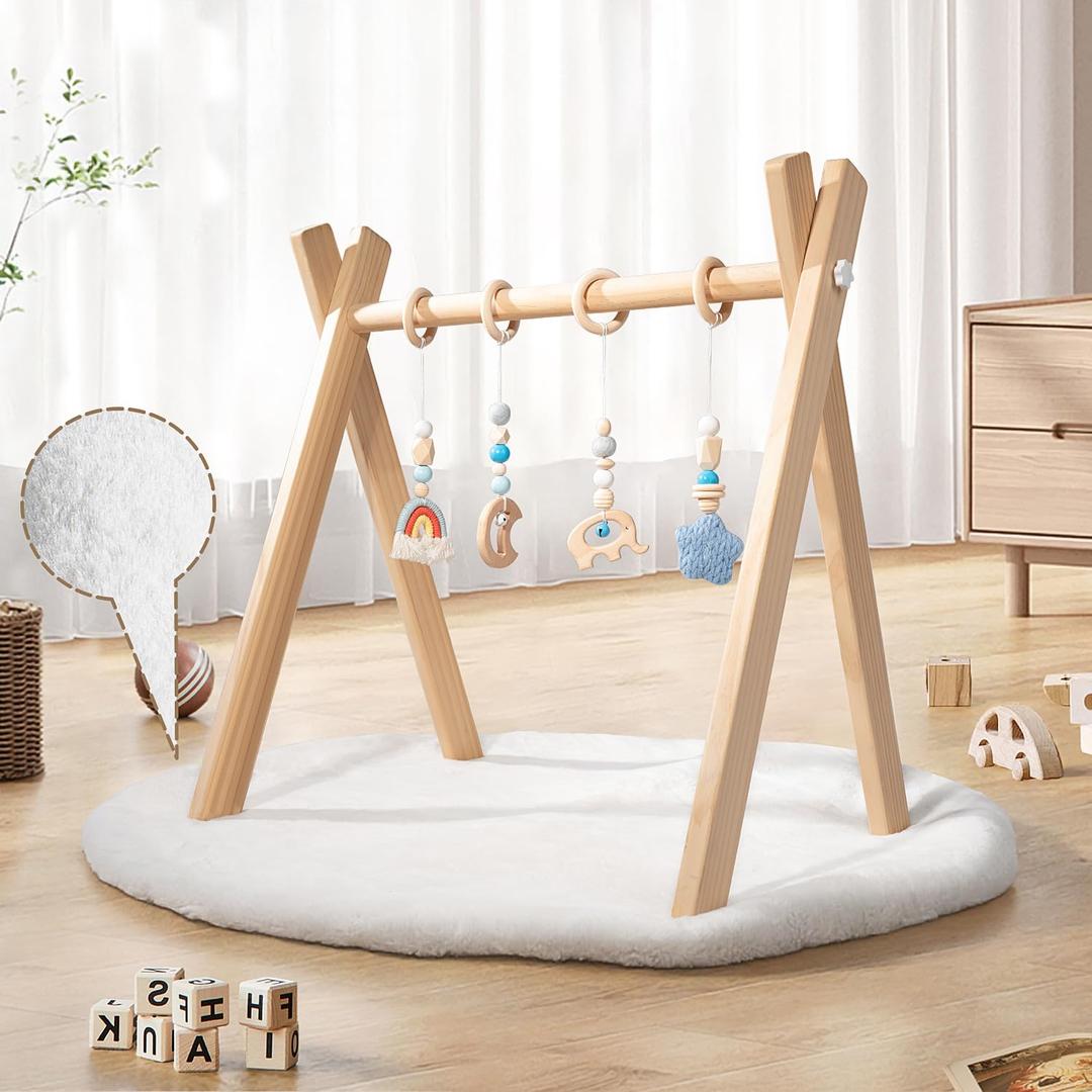 Wooden Baby Play Gym with Activity Mat, Foldable Baby Gym Frame with Hanging Sensory Toys for Newborn, Tummy Time Playground