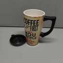 Spoontiques - Ceramic Travel Coffee Mug with Lid and Handle - Spill Proof Lid - Double Walled Mug for Hot and Cold Beverages - Microwave and Dishwasher Safe - Coffee First Travel Mug