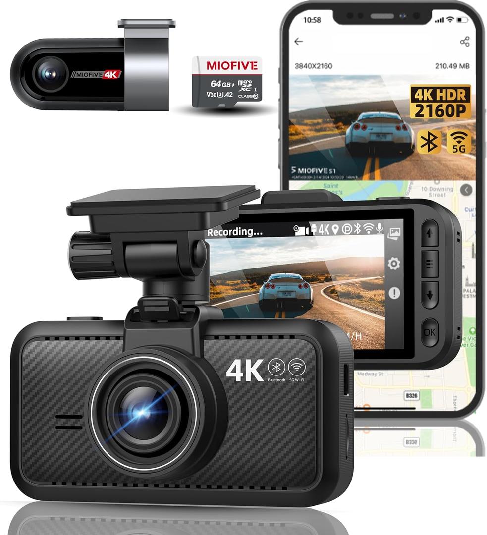 Miofive Dash Cam Car Front Rear 4K+4K WiFi Bluetooth Dash Cam with 64GB SD Card, Dual Car Camera with Parking Monitoring, Super Night Vision, HDR, G-Sensor, Loop Recording, App Control, Max 512GB