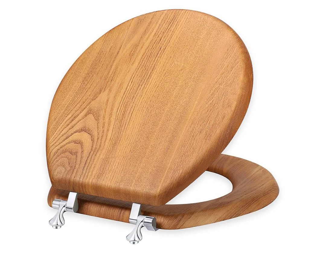 Wood Toilet Seat Round, Wooden Round American Standard Toilet Seat with Durability Metal Chrome Hinges, Natural Wood Veneer Oak Cover