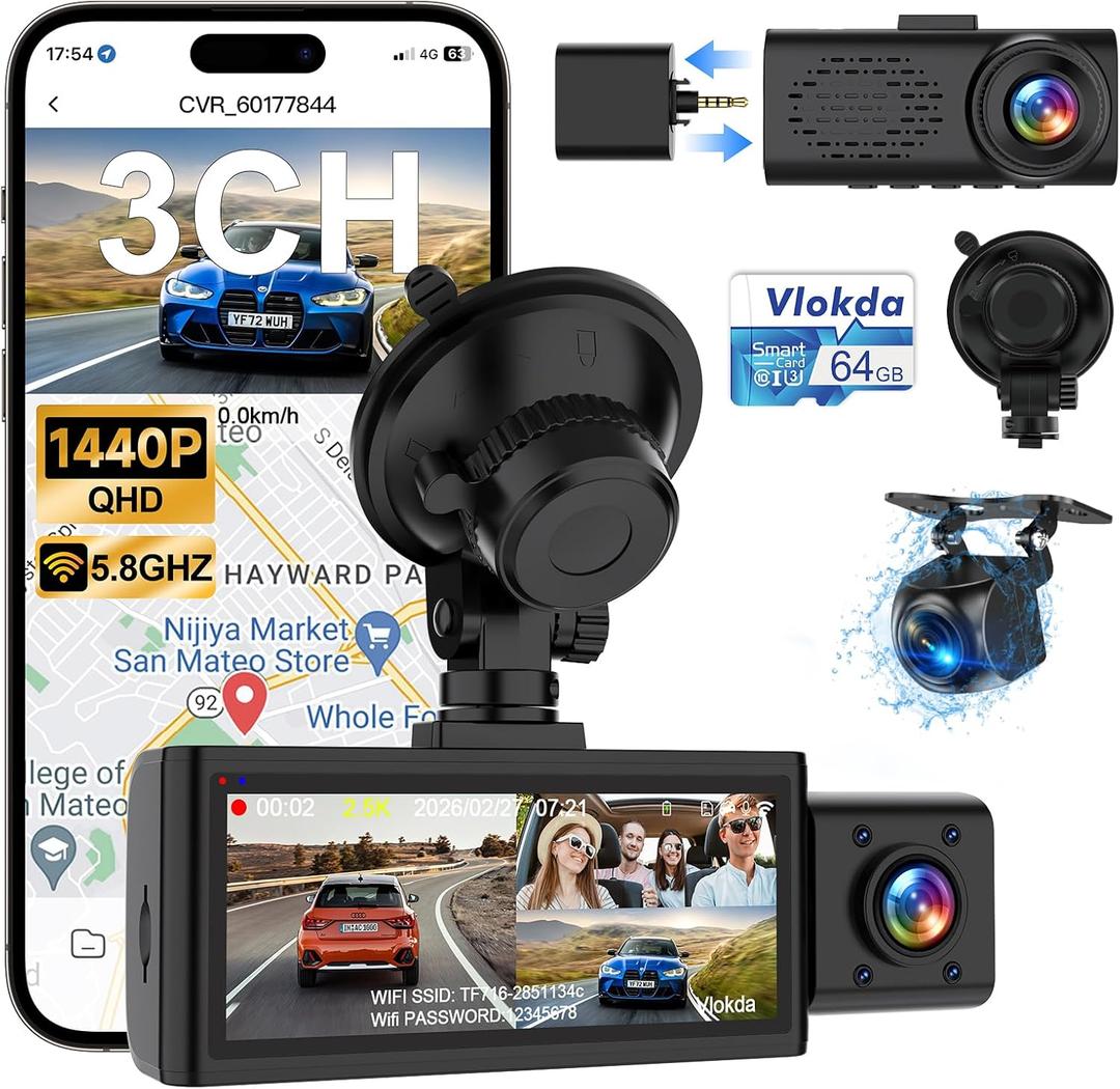 3 Channel Dash Cam Front Inside Rear, Uber Dash Cam for Cars, 2.5K Front + 1080P Cabin & Rear, 5GHz WiFi App Control, 24H Parking Mode, IR Night Vision, G-Sensor, Loop Recording, 64GB Included